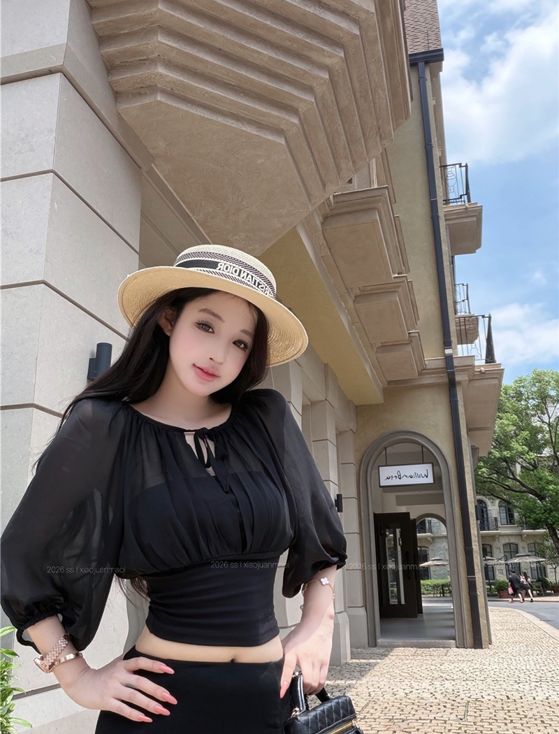 Pseudo-two chiffon stitching lantern sleeve thin tops