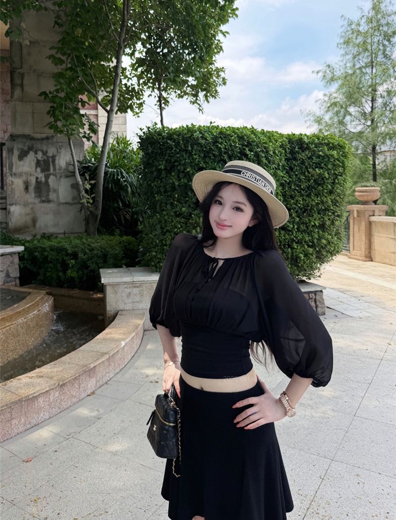 Pseudo-two chiffon stitching lantern sleeve thin tops