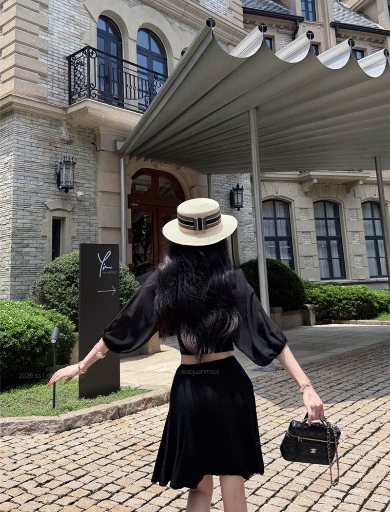 Pseudo-two chiffon stitching lantern sleeve thin tops