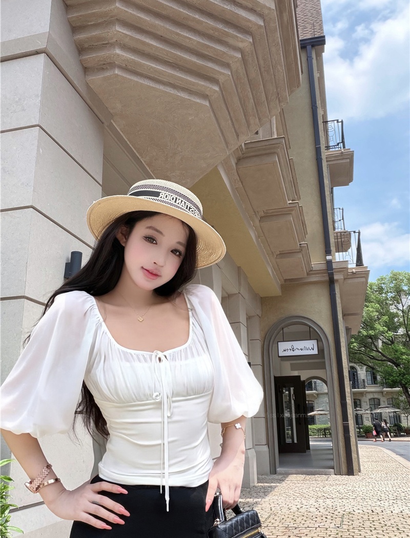 Pseudo-two chiffon stitching lantern sleeve thin tops