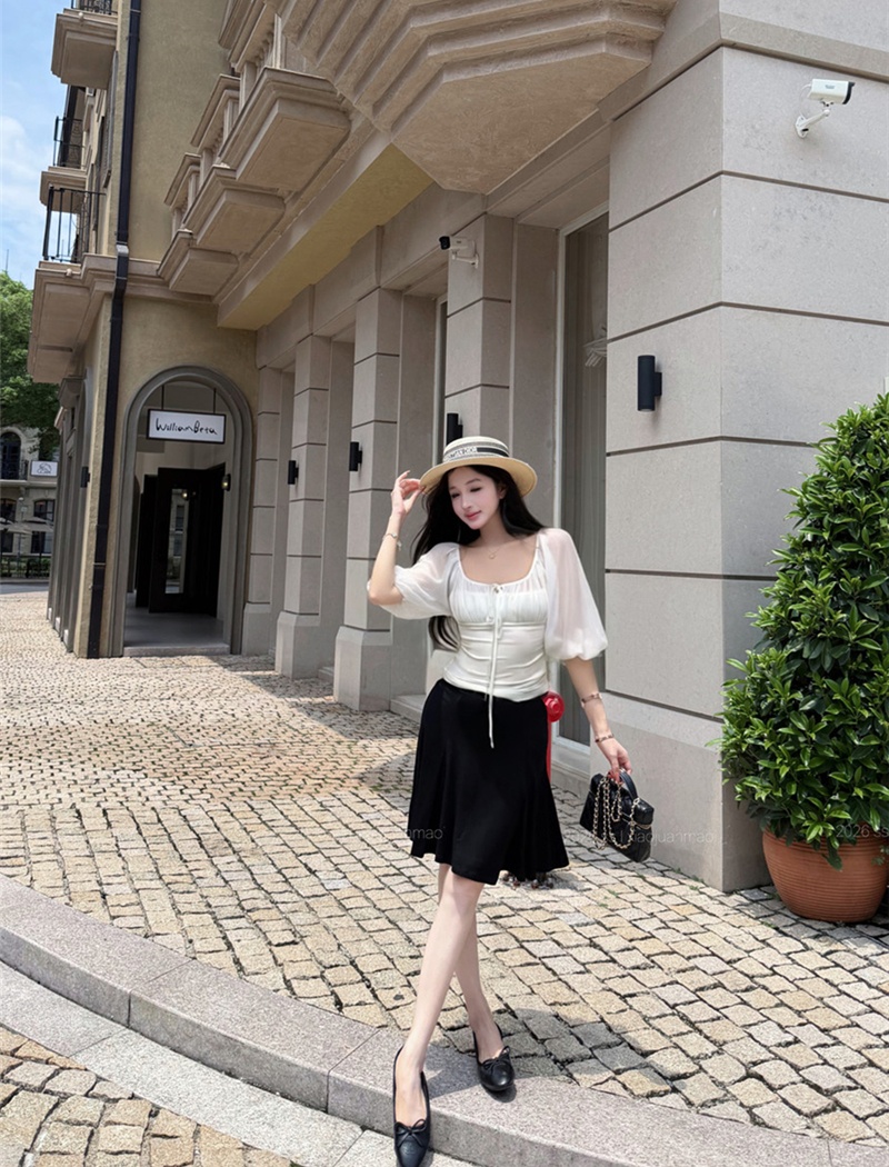 Pseudo-two chiffon stitching lantern sleeve thin tops