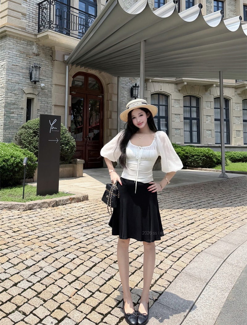 Pseudo-two chiffon stitching lantern sleeve thin tops
