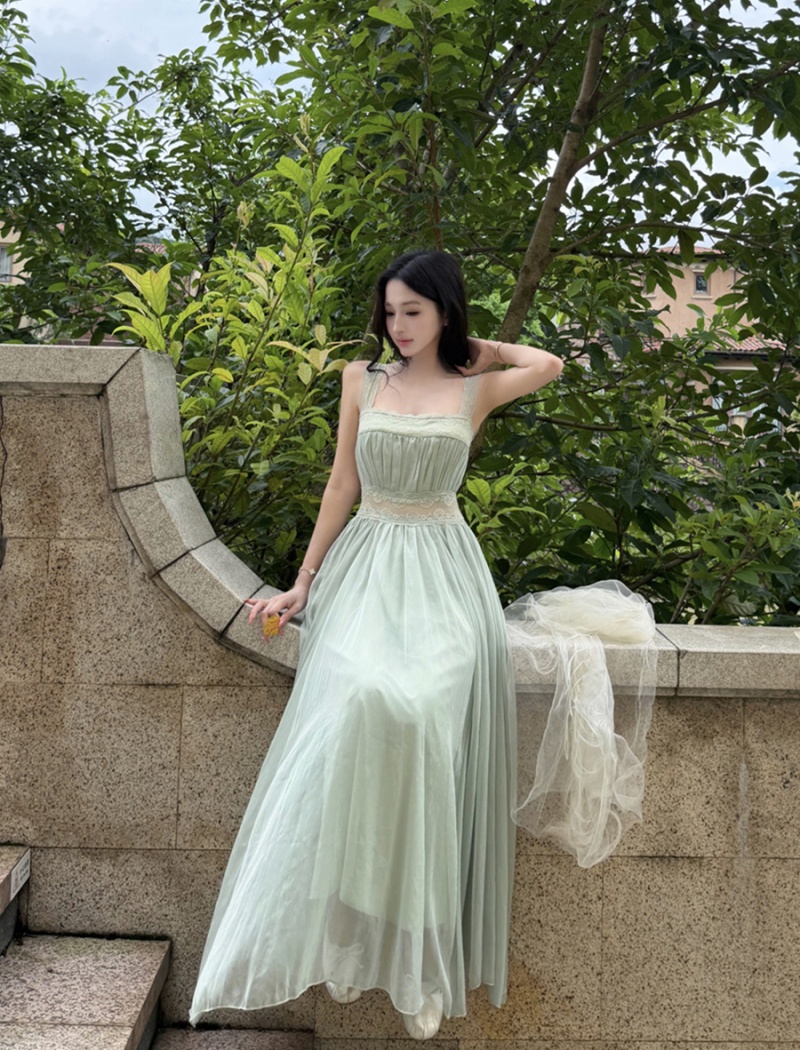 Square collar sexy splice long dress lace slim dress for women