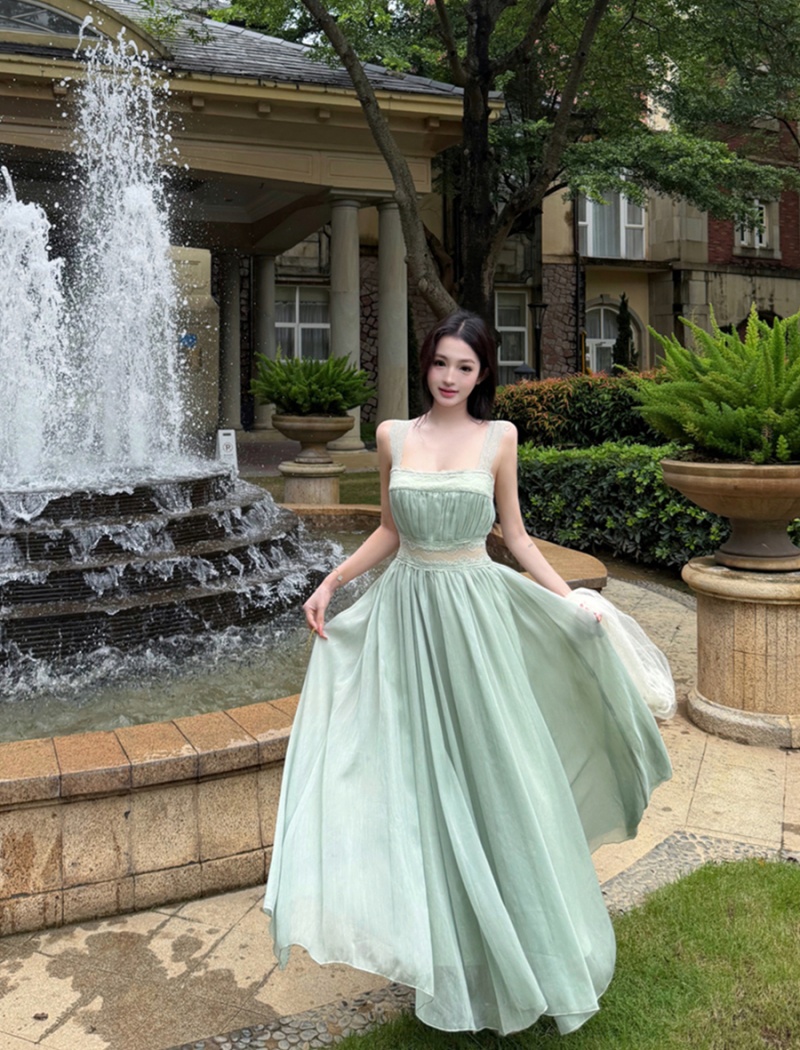 Square collar sexy splice long dress lace slim dress for women