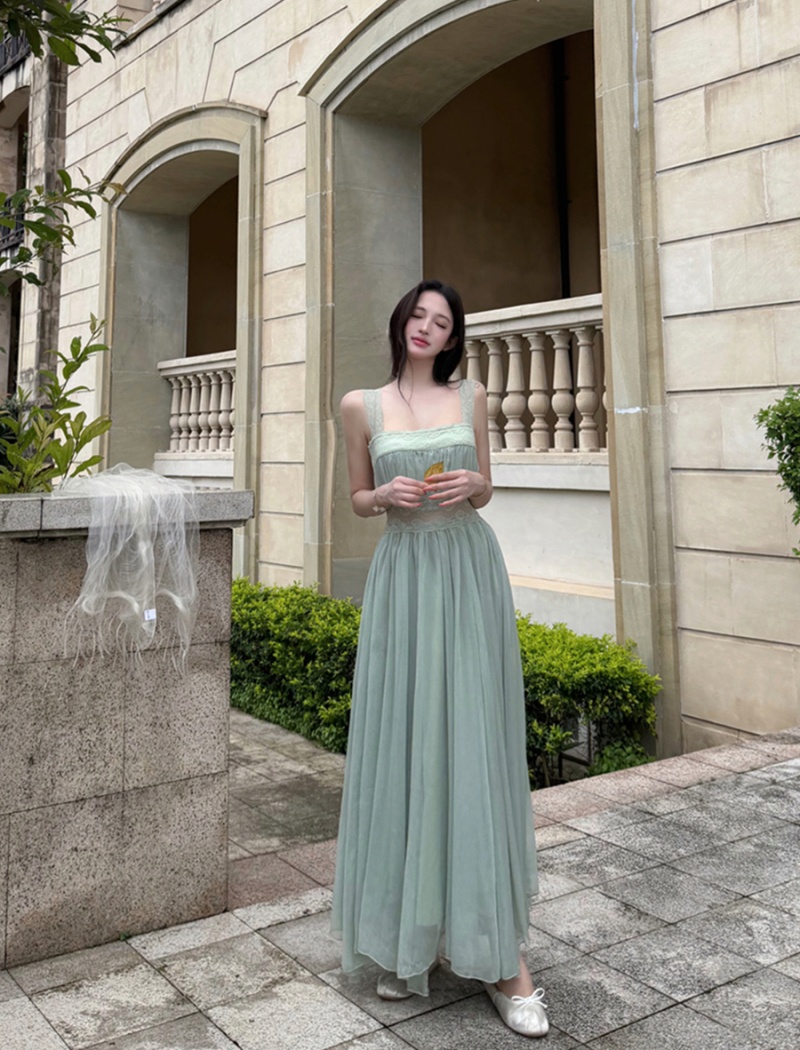 Square collar sexy splice long dress lace slim dress for women