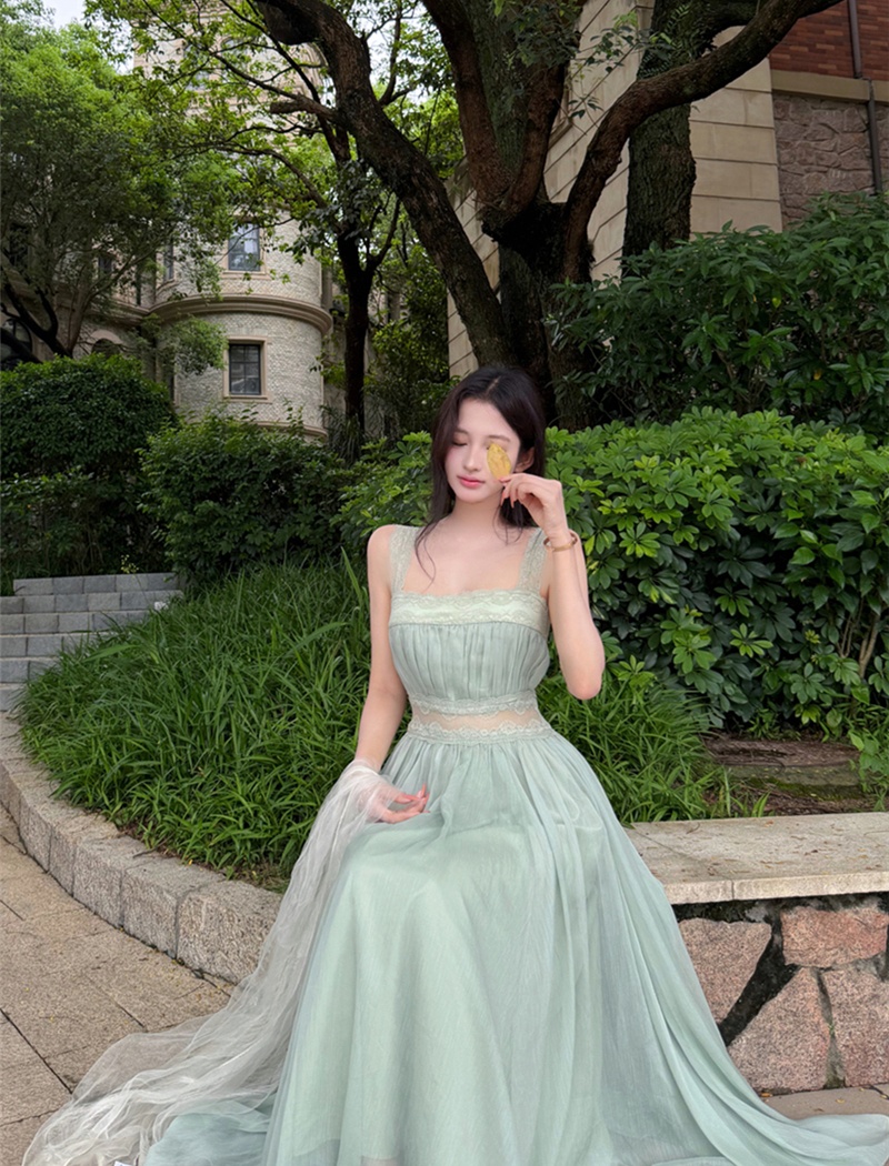 Square collar sexy splice long dress lace slim dress for women