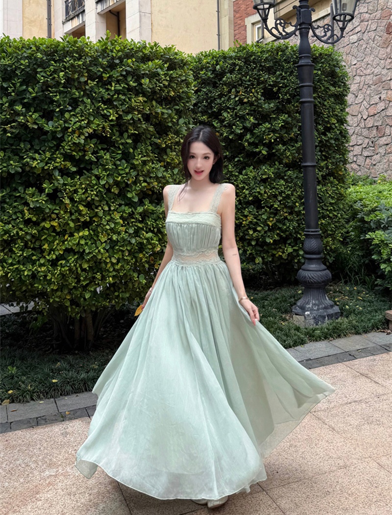 Square collar sexy splice long dress lace slim dress for women