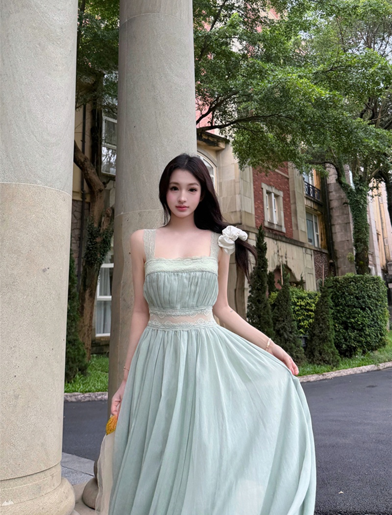 Square collar sexy splice long dress lace slim dress for women