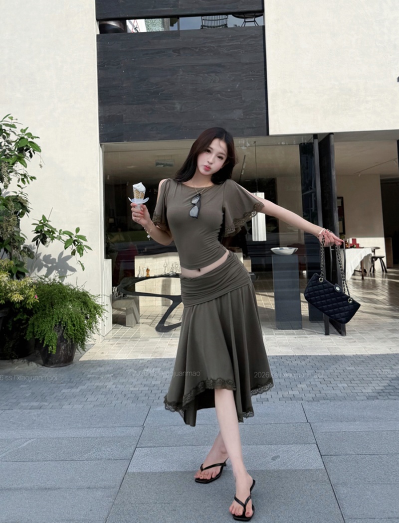 Retro irregular T-shirt slim summer skirt a set for women