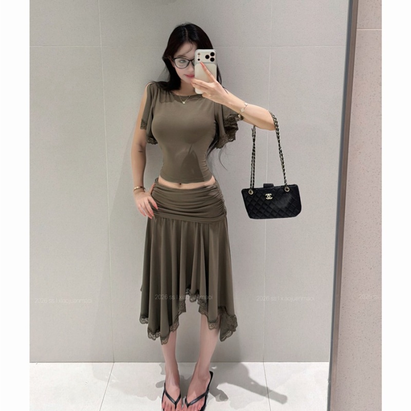 Retro irregular T-shirt slim summer skirt a set for women