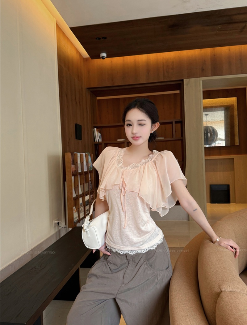 Summer temperament lace tops enticement splice T-shirt