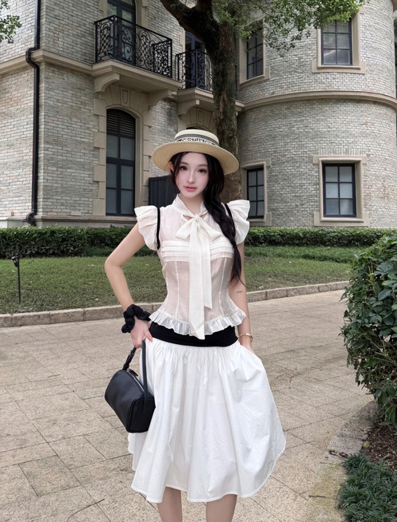 Black-white summer skirt wide waist tops a set for women
