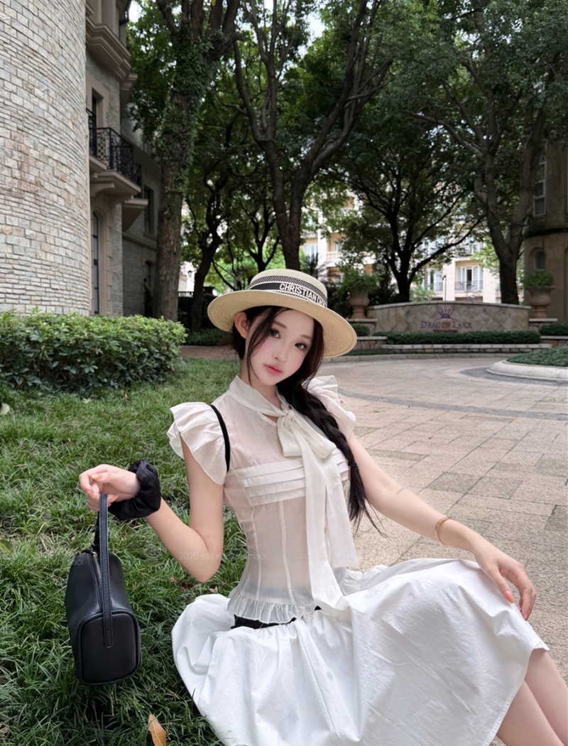 Black-white summer skirt wide waist tops a set for women
