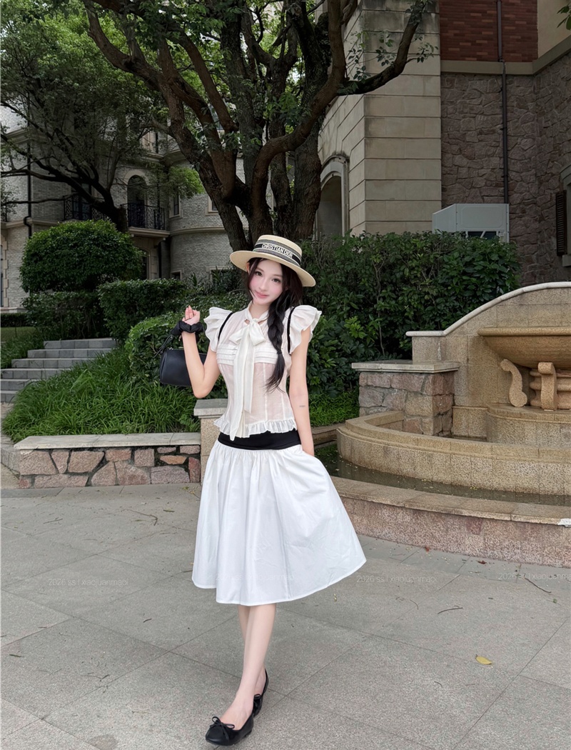 Black-white summer skirt wide waist tops a set for women