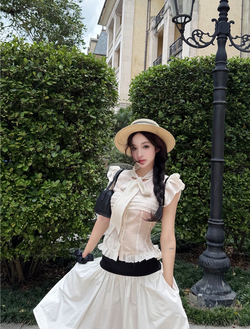 Black-white summer skirt wide waist tops a set for women