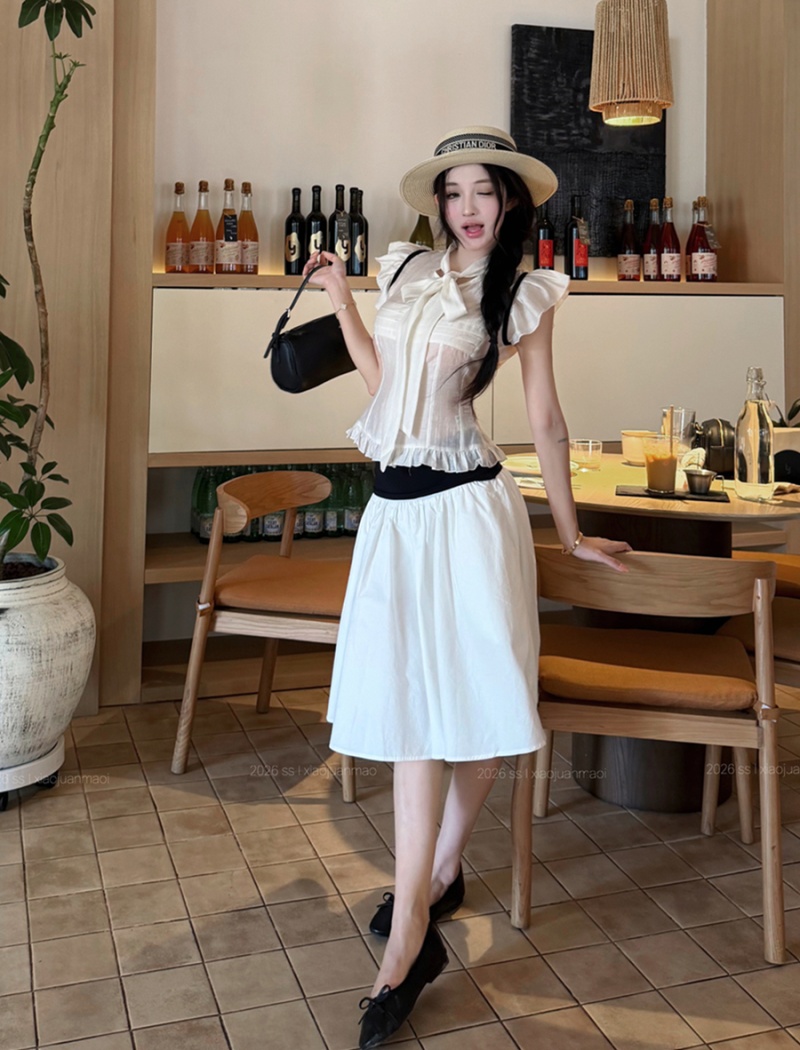 Black-white summer skirt wide waist tops a set for women
