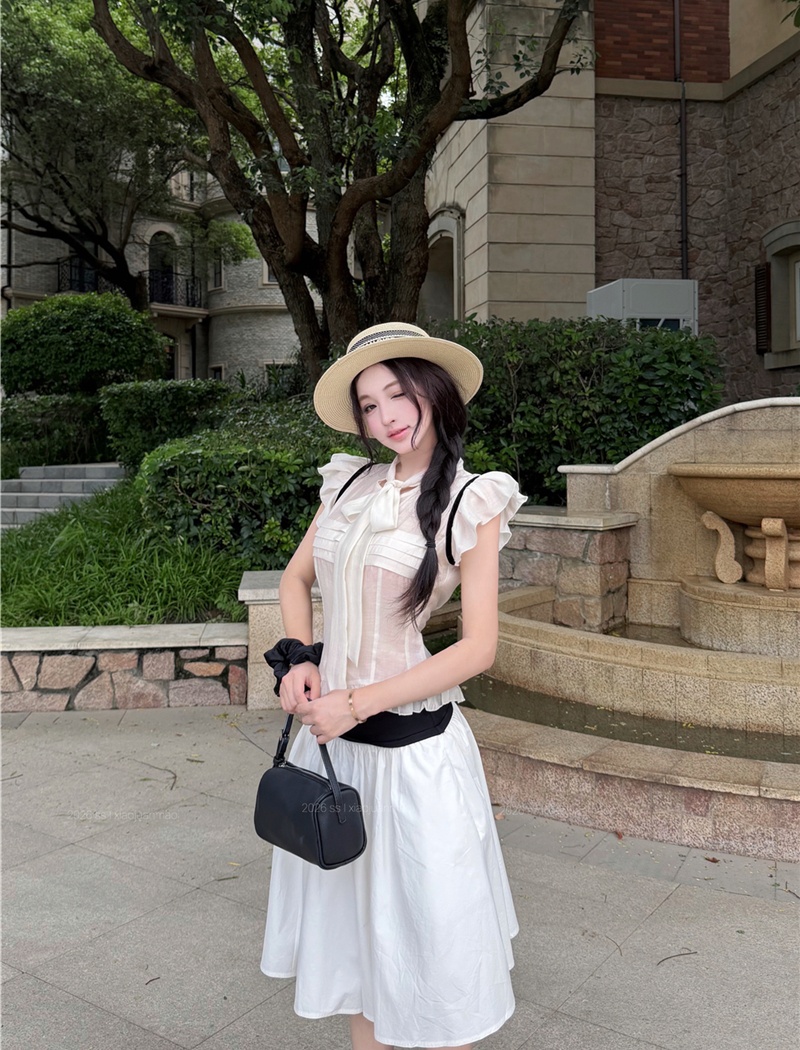 Black-white summer skirt wide waist tops a set for women