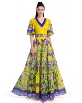 Printing pinched waist big skirt dress