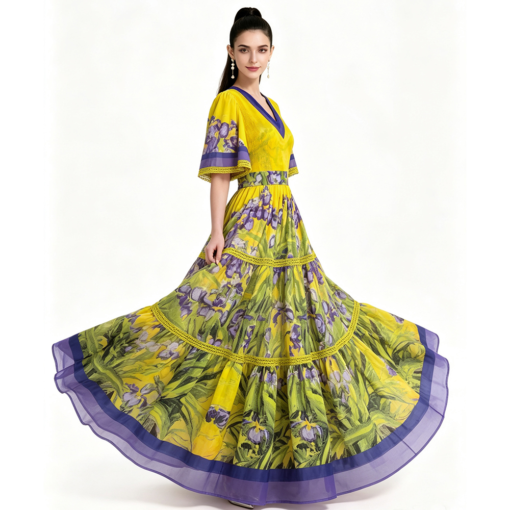 Printing pinched waist big skirt dress