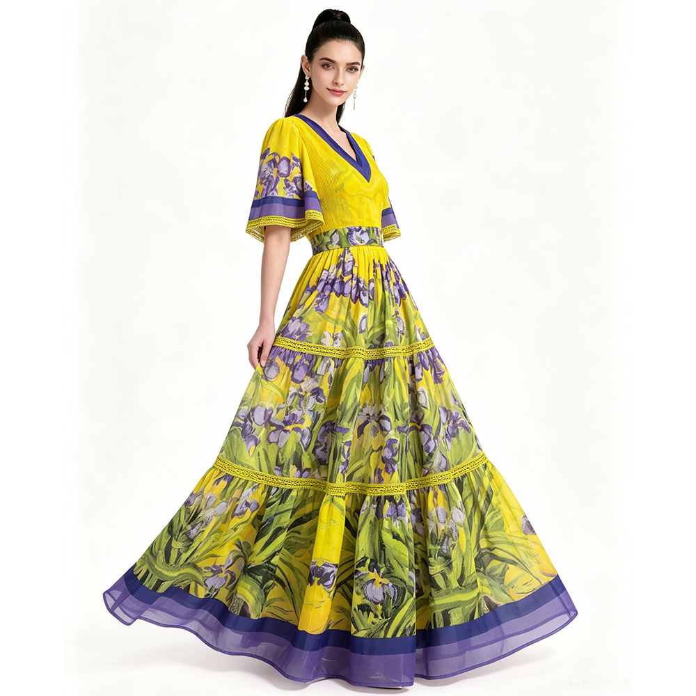 Printing pinched waist big skirt dress