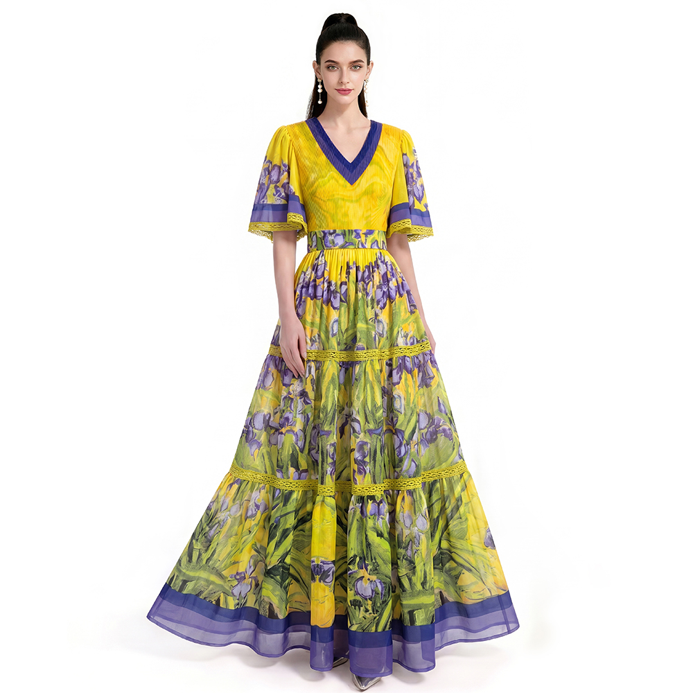 Printing pinched waist big skirt dress