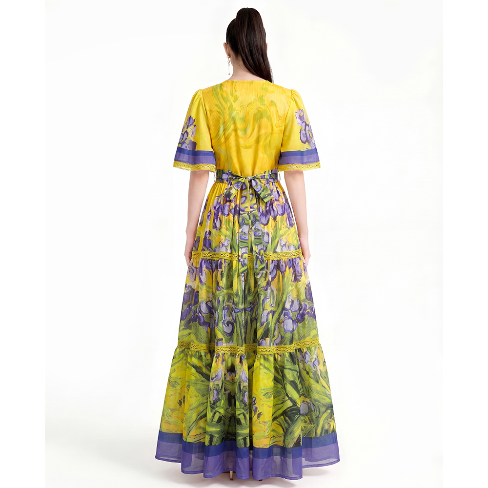 Printing pinched waist big skirt dress
