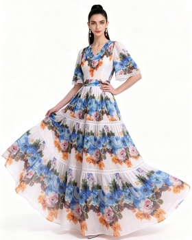 Pinched waist big skirt printing dress