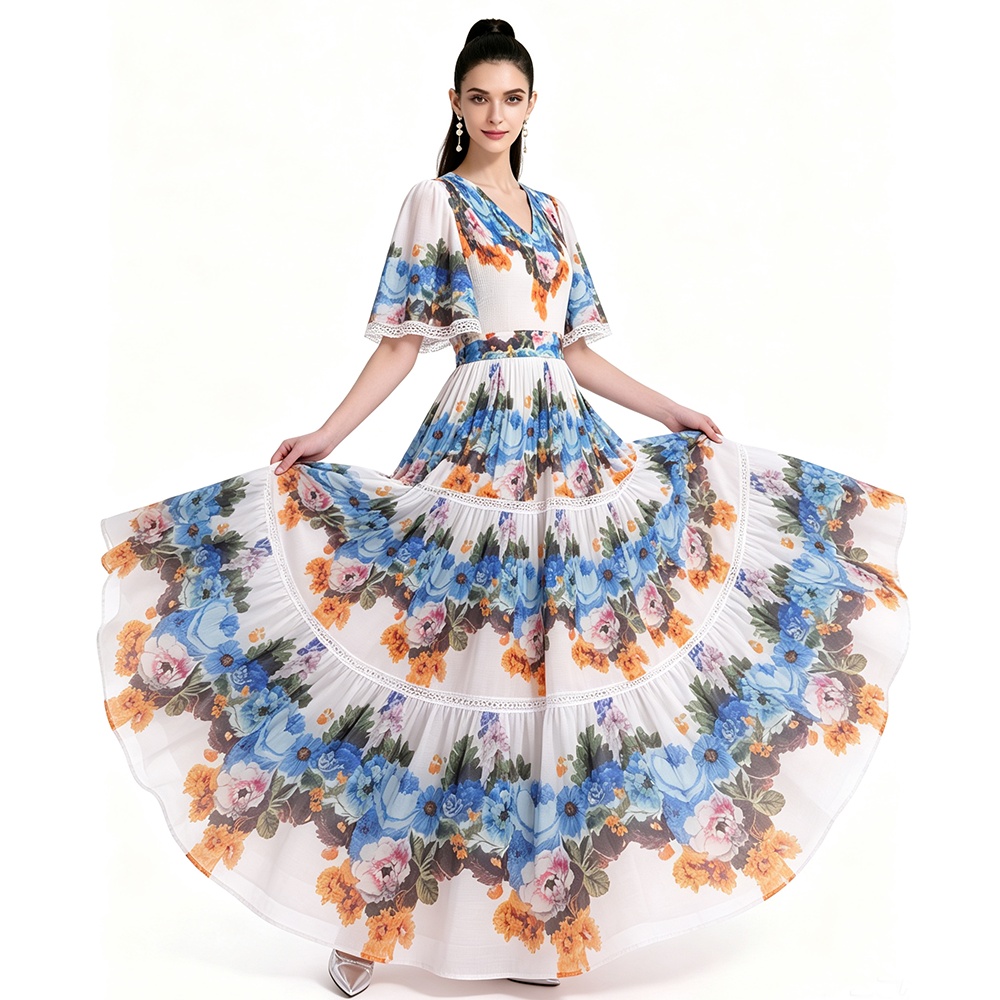 Pinched waist big skirt printing dress