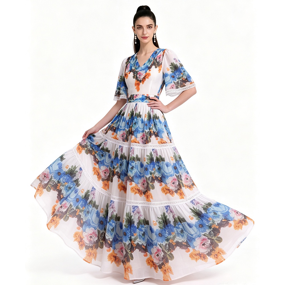Pinched waist big skirt printing dress
