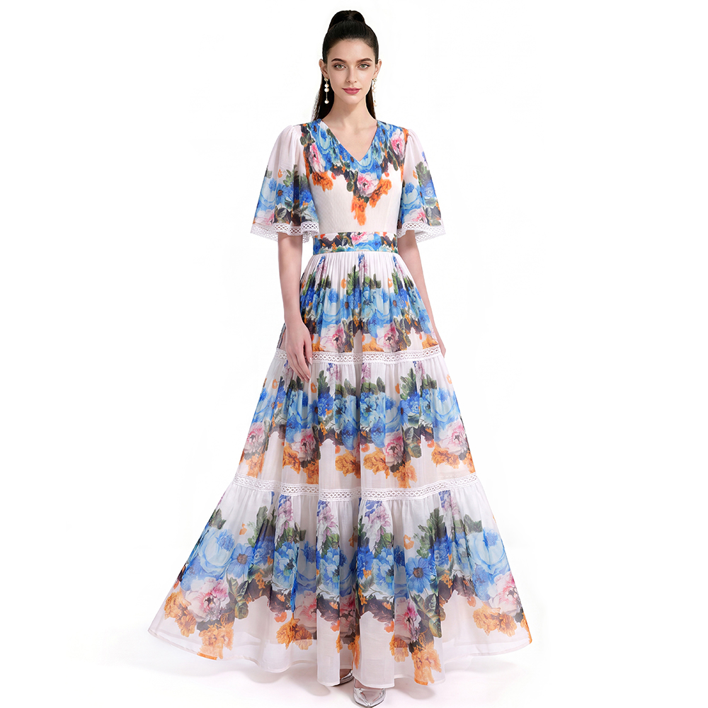 Pinched waist big skirt printing dress