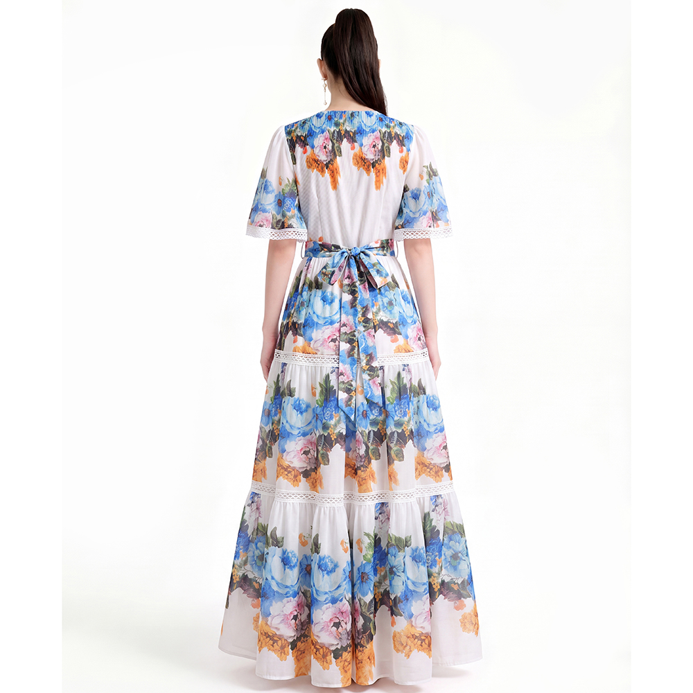 Pinched waist big skirt printing dress