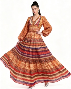 Big skirt long sleeve printing dress