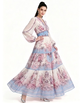 Printing big skirt long sleeve dress