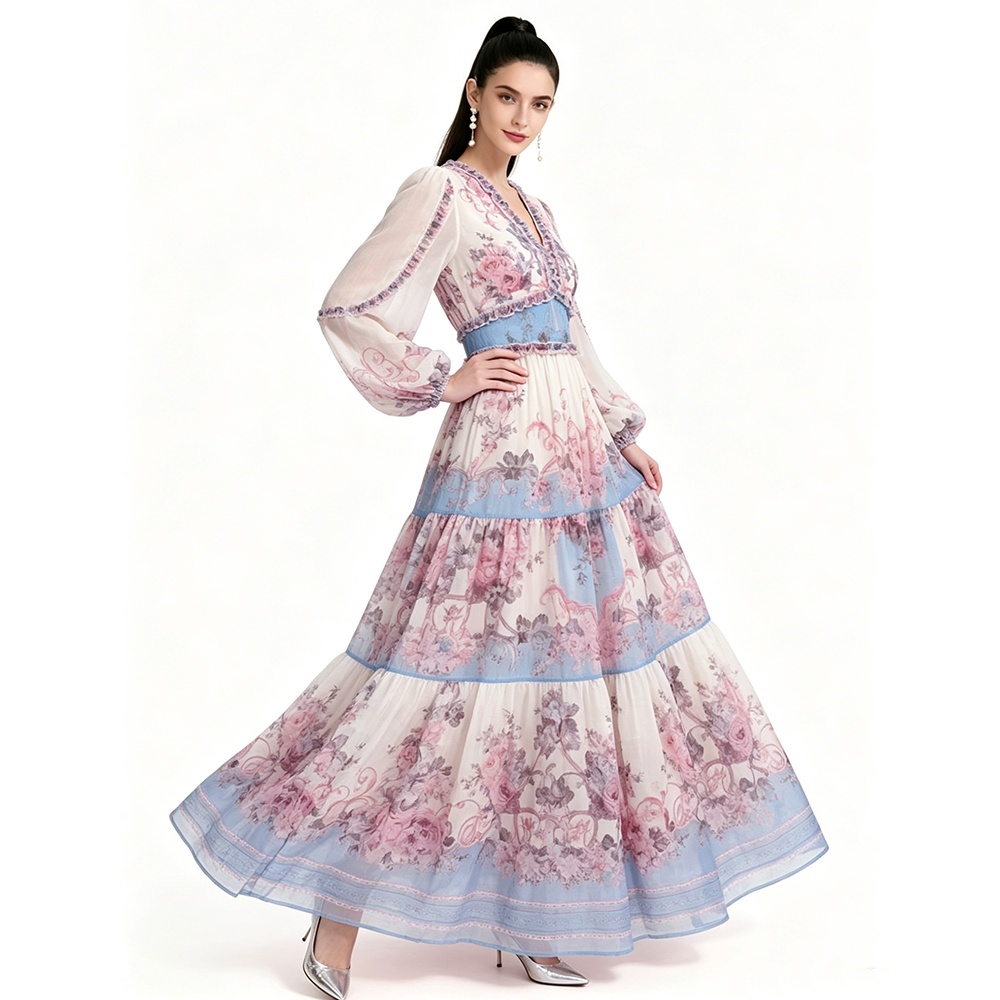 Printing big skirt long sleeve dress