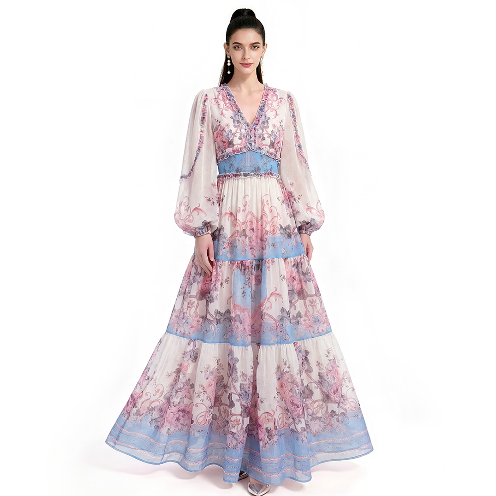 Printing big skirt long sleeve dress