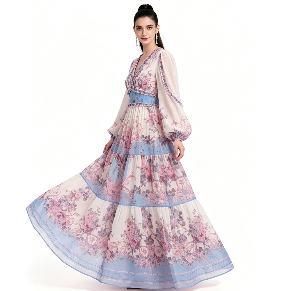 Printing big skirt long sleeve dress