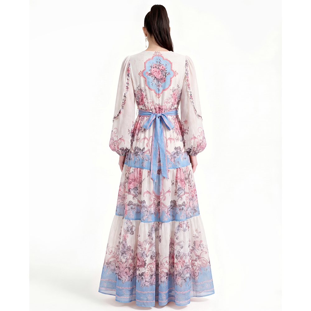 Printing big skirt long sleeve dress