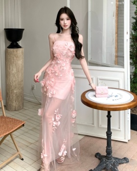 Gauze wrapped chest splice dress slim stereoscopic long dress