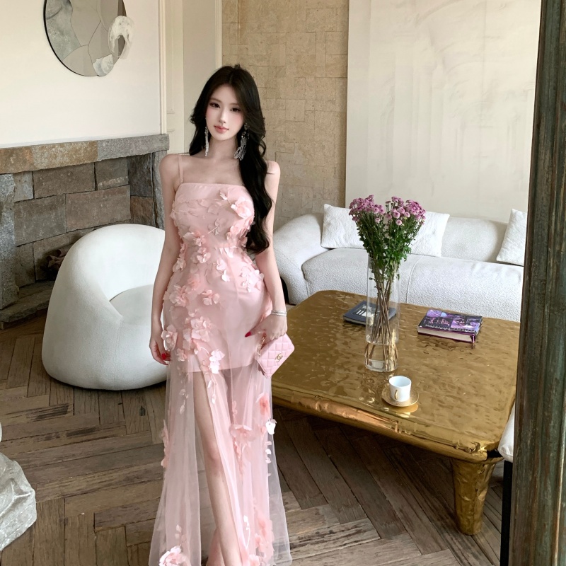 Gauze wrapped chest splice dress slim stereoscopic long dress