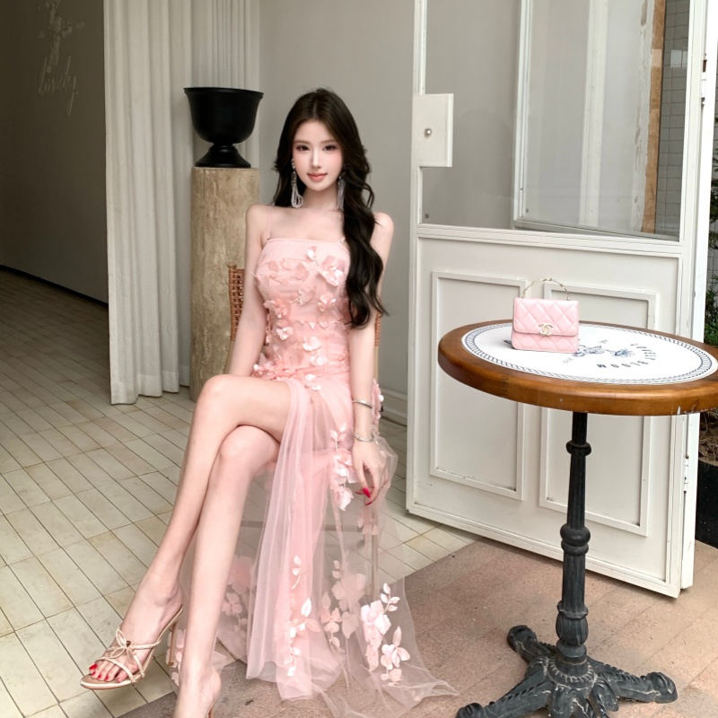 Gauze wrapped chest splice dress slim stereoscopic long dress