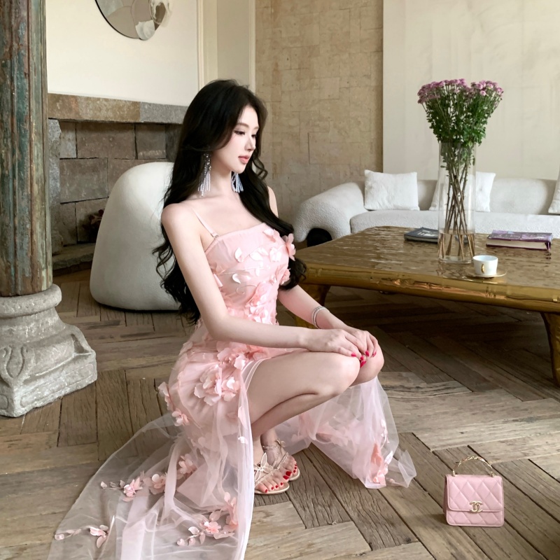 Gauze wrapped chest splice dress slim stereoscopic long dress