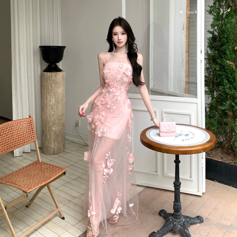 Gauze wrapped chest splice dress slim stereoscopic long dress