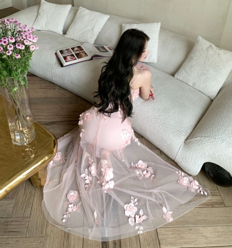 Gauze wrapped chest splice dress slim stereoscopic long dress