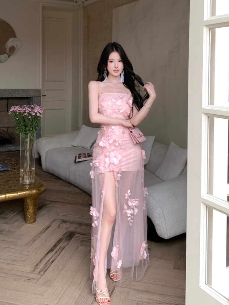 Gauze wrapped chest splice dress slim stereoscopic long dress