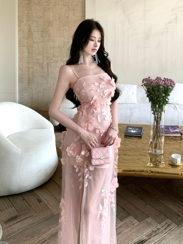 Gauze wrapped chest splice dress slim stereoscopic long dress