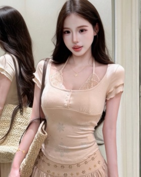 Casual short sleeve summer tops slim lace T-shirt for women
