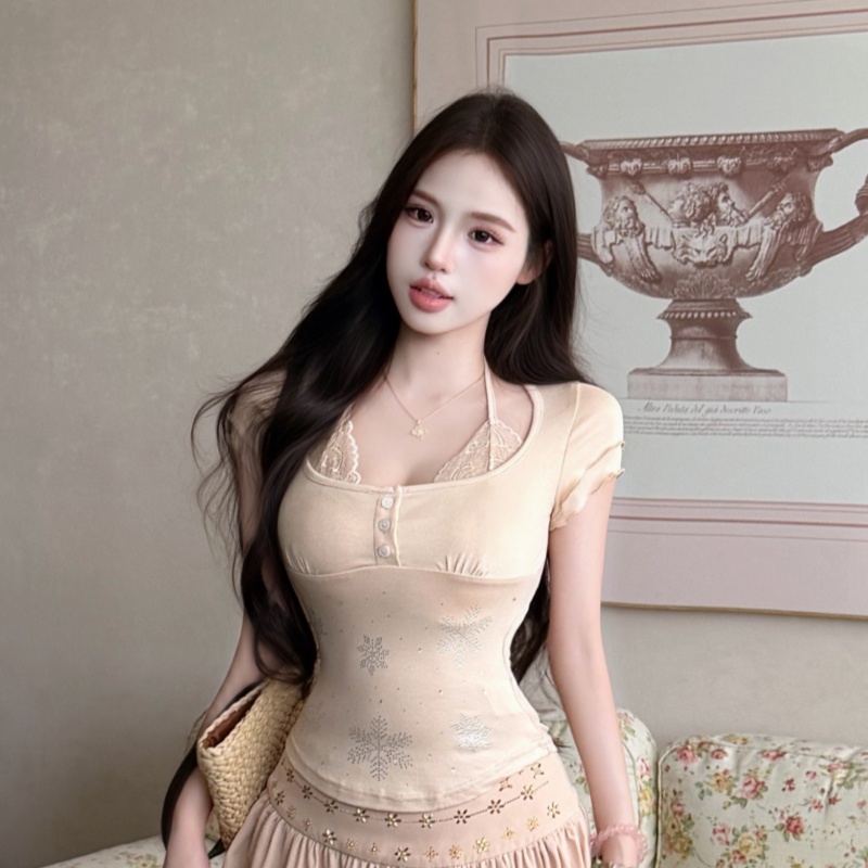 Casual short sleeve summer tops slim lace T-shirt for women