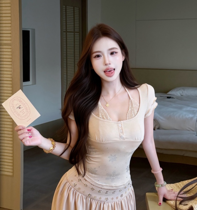 Casual short sleeve summer tops slim lace T-shirt for women