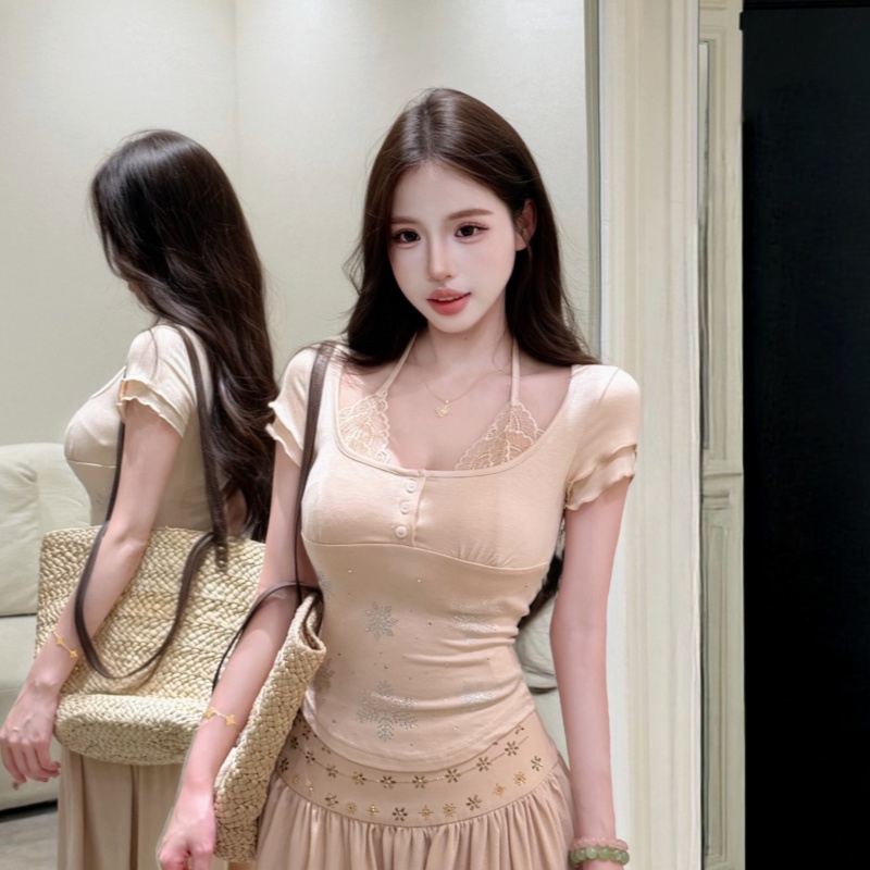 Casual short sleeve summer tops slim lace T-shirt for women