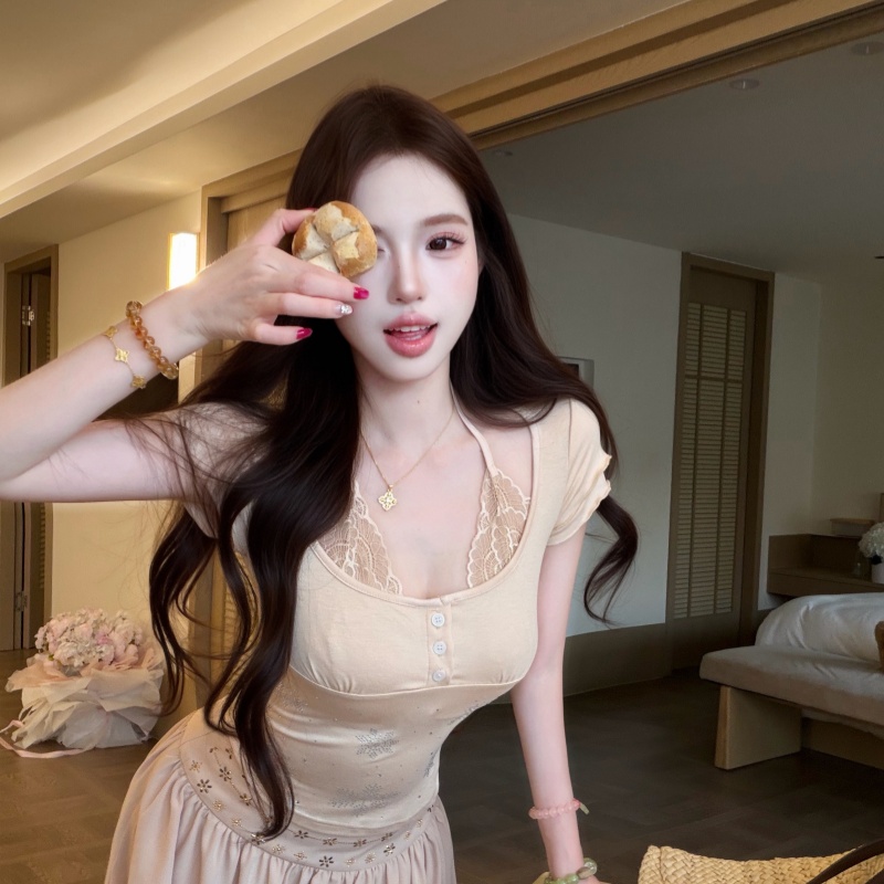 Casual short sleeve summer tops slim lace T-shirt for women